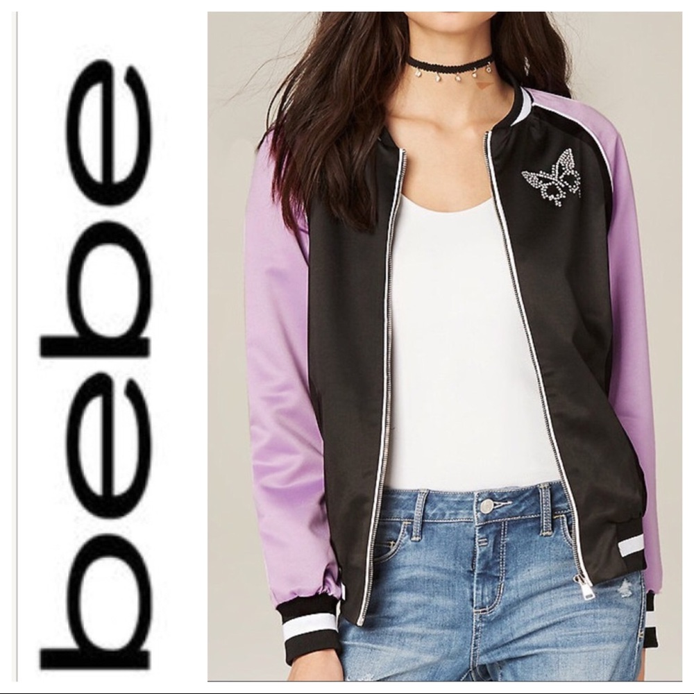 NWT BEBE BLACK AND PURPLE SATIN BOMBER JACKET NWT SMALL